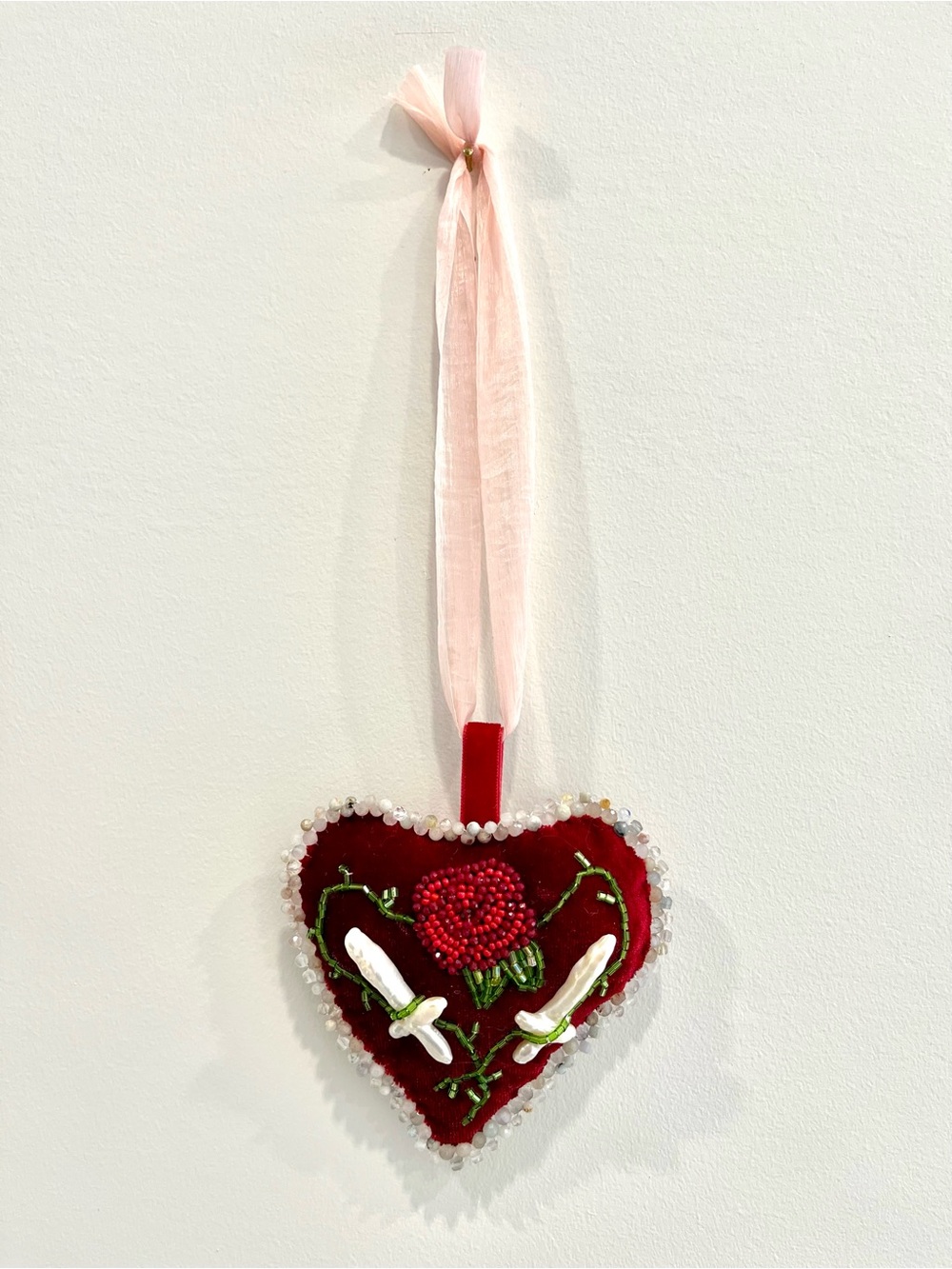 Handmade Red Velvet Heart Ornament with Beaded Rose and swords